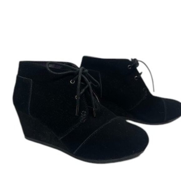 BOB'S BY SKECHERS BLACK ANKLE WEDGE BOOTS BOOTIE SUEDE LEATHER UPPER TIE LACE 7 - Picture 1 of 14